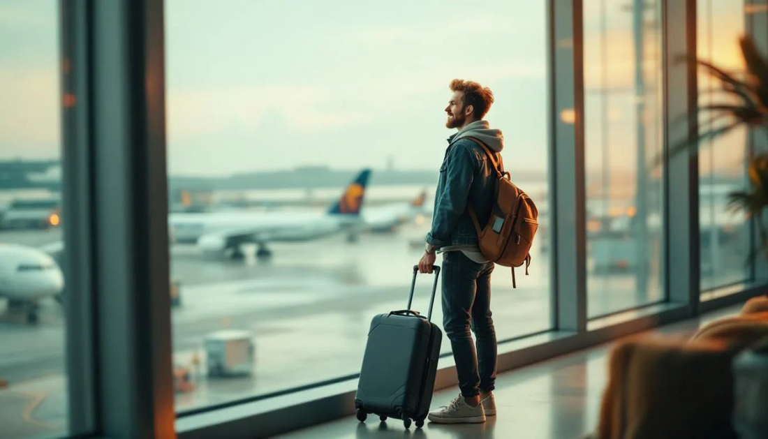 Adult male ready to travel at the airport