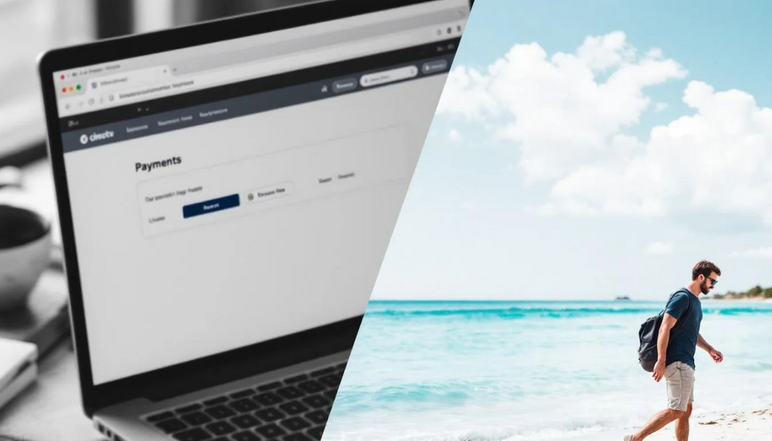 Photo showing the transition from a laptop paying bills to a man on a beach vacation