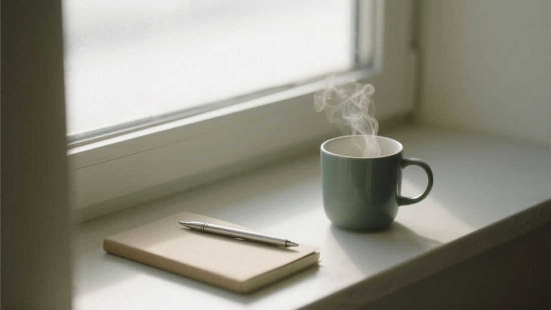 Mug and notepad on a window ledge