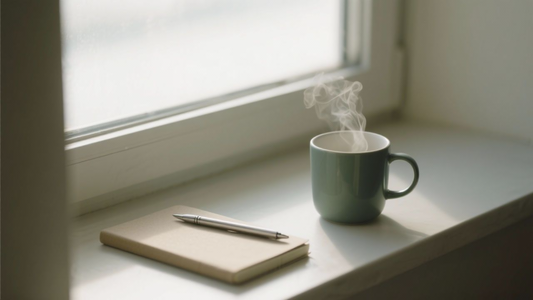 Mug and notepad on a window ledge