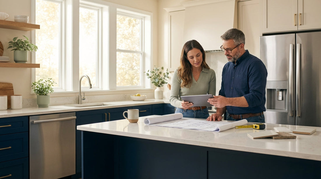 Modern renovated kitchen with planning materials representing strategic home improvement financing with credit card points