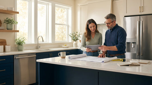 Modern renovated kitchen with planning materials representing strategic home improvement financing with credit card points