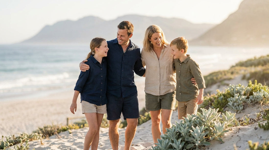 Happy family of four enjoying beach vacation together representing affordable family travel funded through points strategy