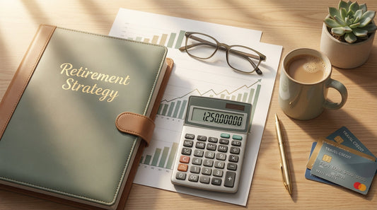 Overhead view of retirement planning workspace with portfolio documents, calculator, reading glasses, coffee mug, credit cards, and financial charts showing strategic retirement planning