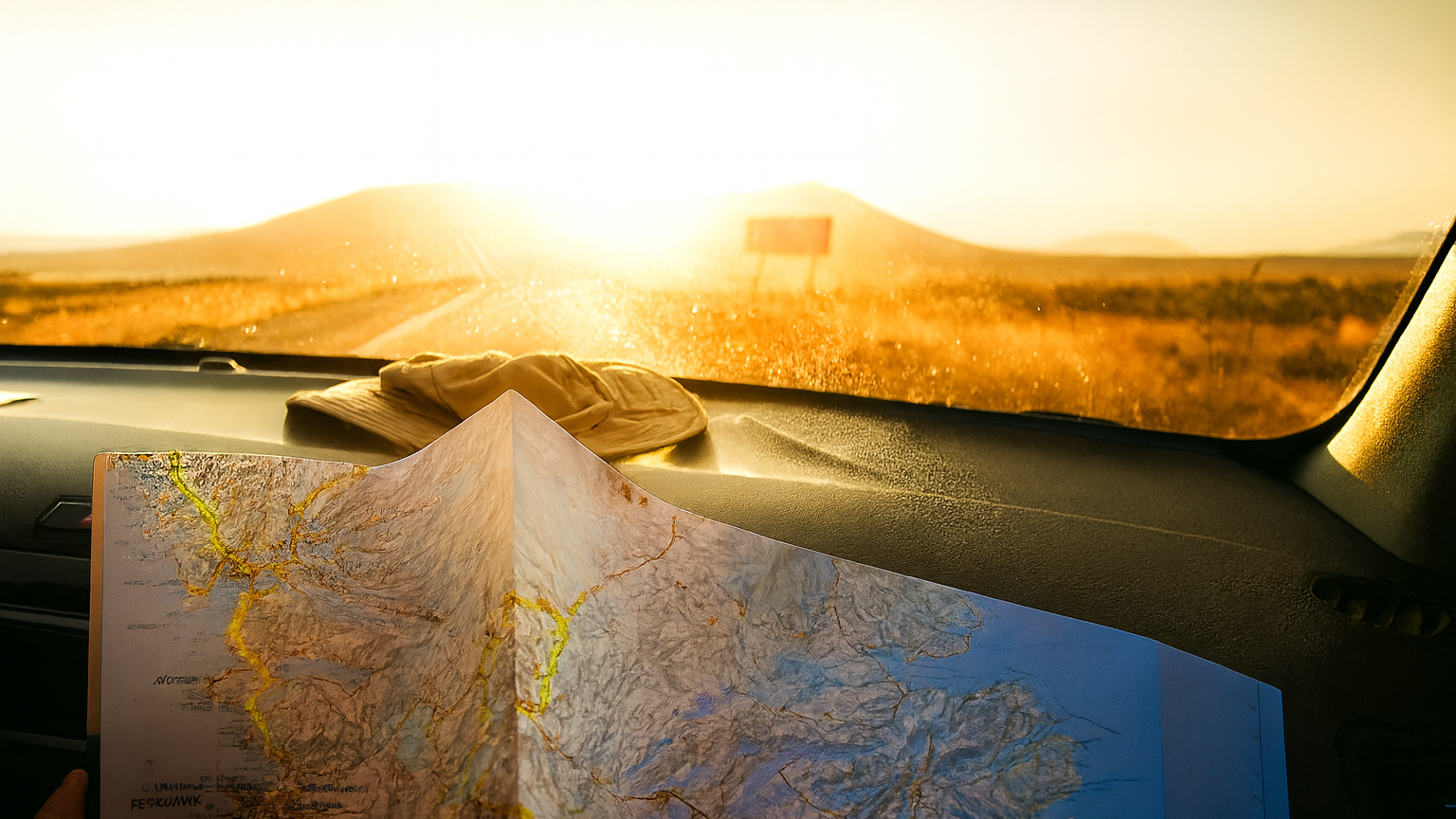 Map on a car dashboard with a scenic view of mountains through the windshield.