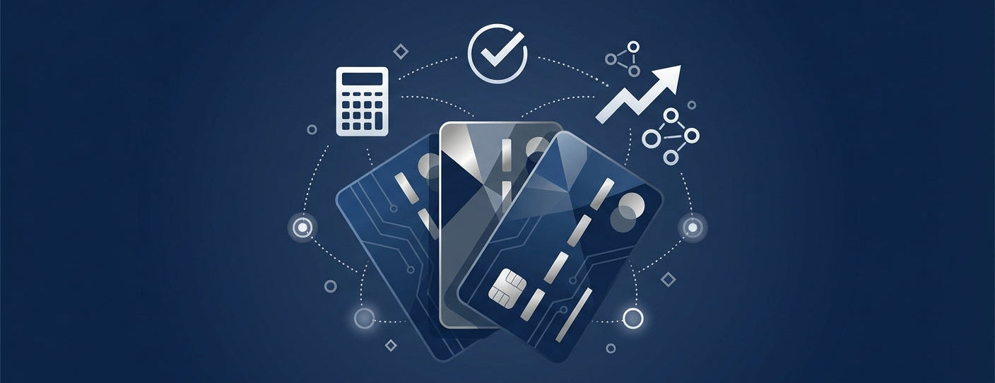 Illustration of a calculator, check mark, and credit cards on a dark blue background